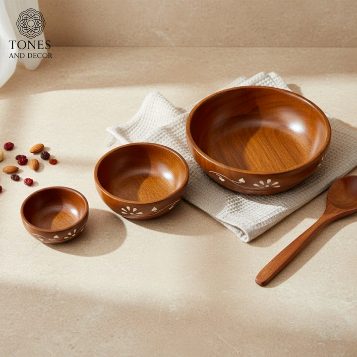 Handcrafted Sheesham Wood Serving Bowl Set – Floral Inlay Design (Set of 3)