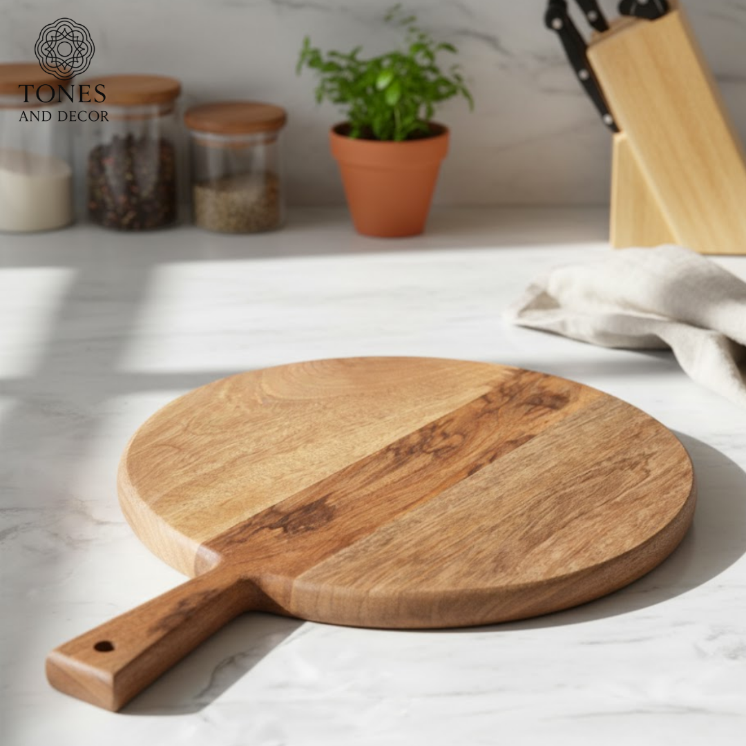 Handcrafted Round Wooden Chopping & Serving Paddle Board – 40 × 29 cm