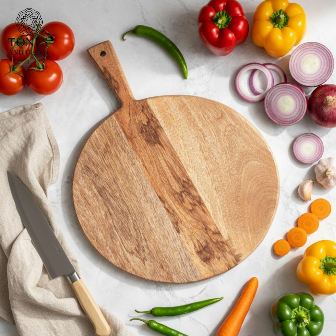 Handcrafted Round Wooden Chopping & Serving Paddle Board – 40 × 29 cm