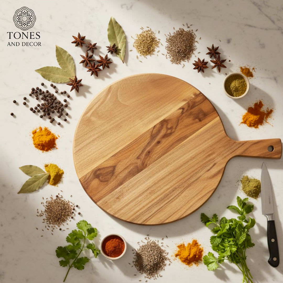 Handcrafted Round Wooden Chopping & Serving Paddle Board – 40 × 29 cm