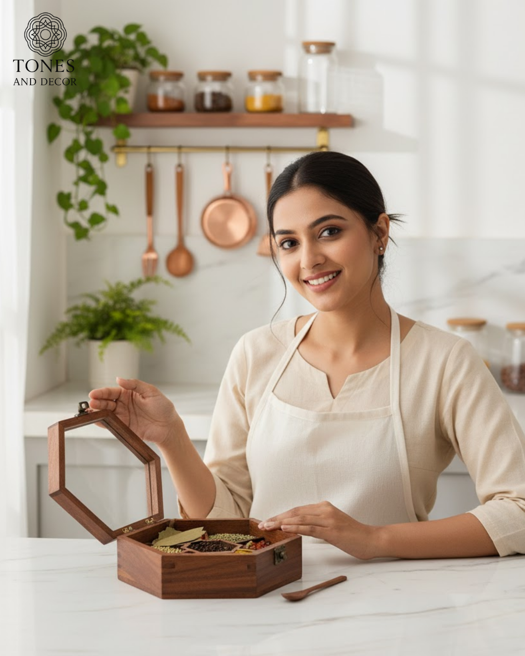 Handcrafted Hexagonal Wooden Spice Box with Glass Lid