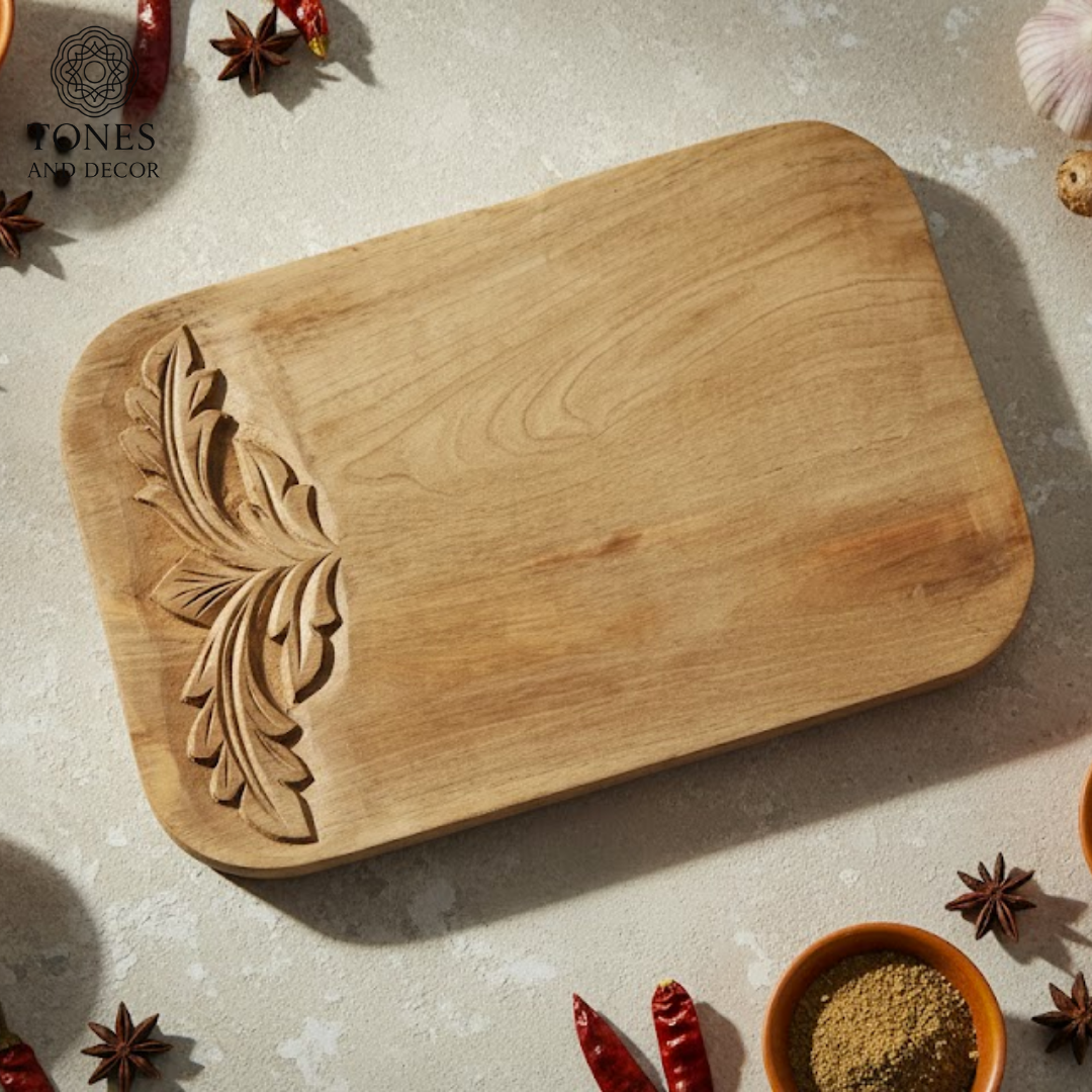 Handcrafted Floral-Carved Wooden Chopping & Serving Board – 35.5 × 24.7 cm