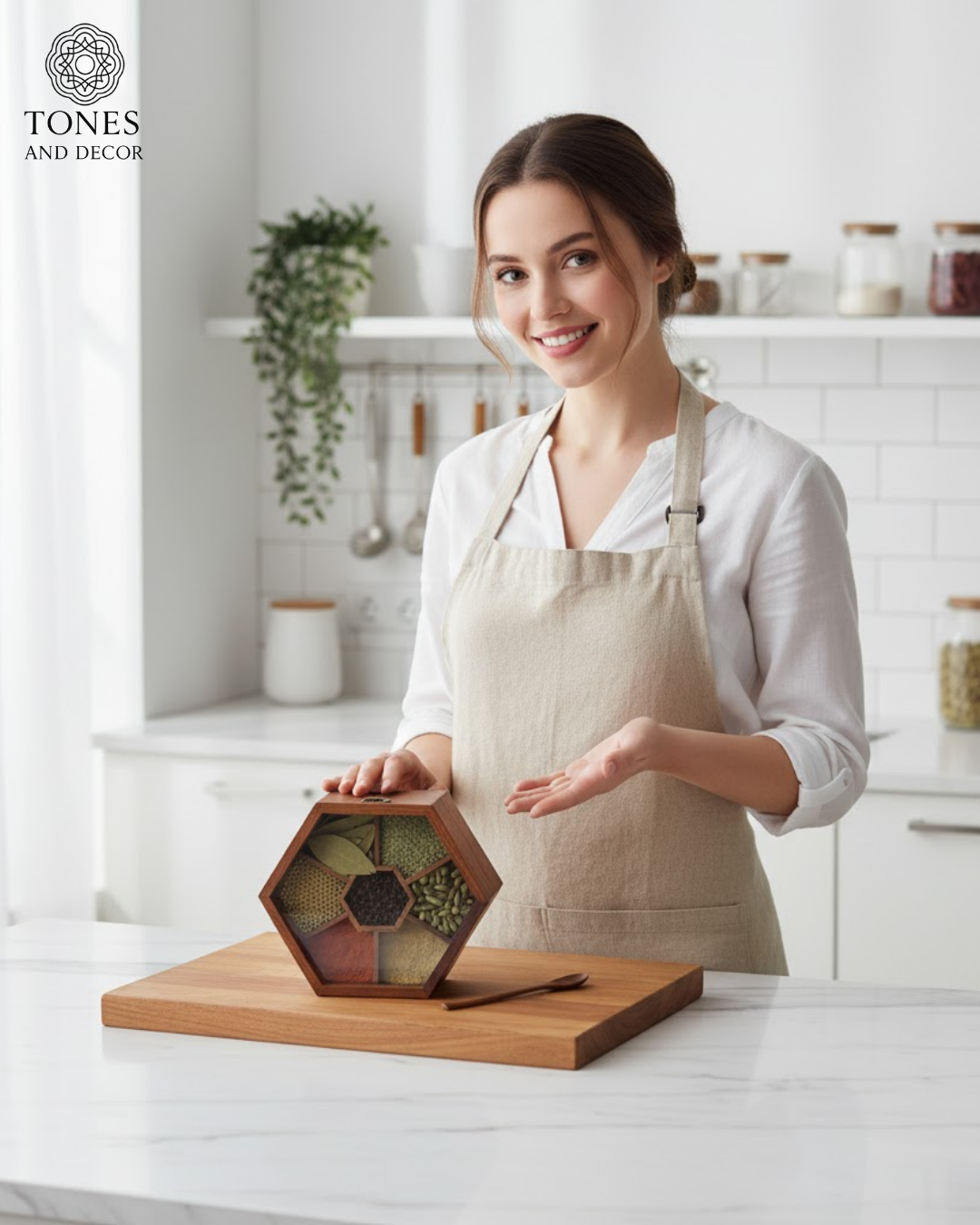 Handcrafted Hexagonal Wooden Spice Box with Glass Lid