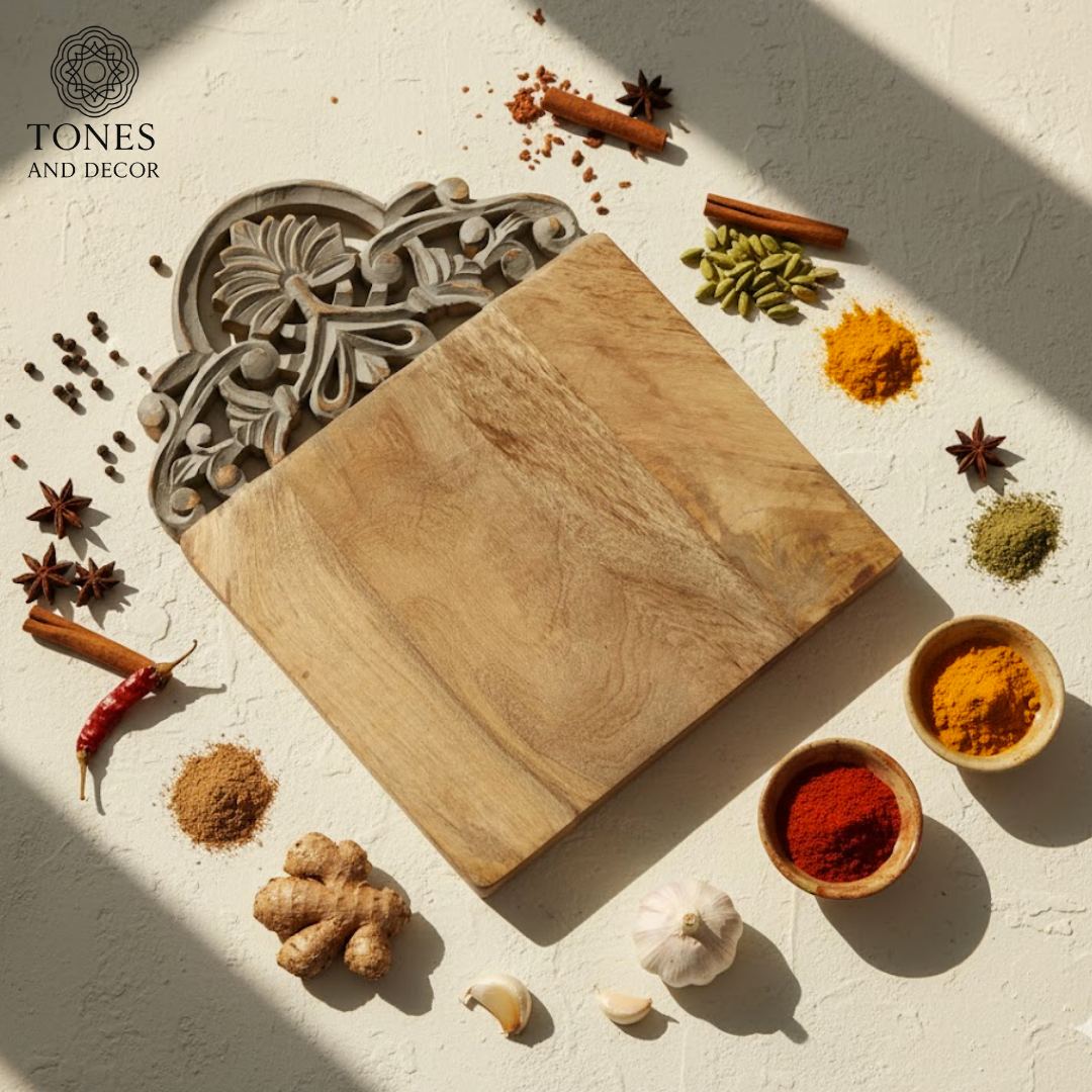 Handcrafted Ornamental Carved Wooden Chopping & Serving Board – 33.6 × 25.4 cm