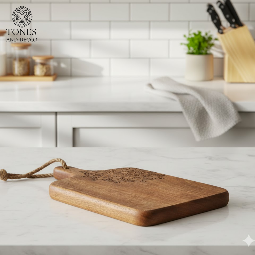 Handcrafted Mandala-Carved Wooden Chopping & Serving Board with Rope Handle – 34.9 × 19.6 cm