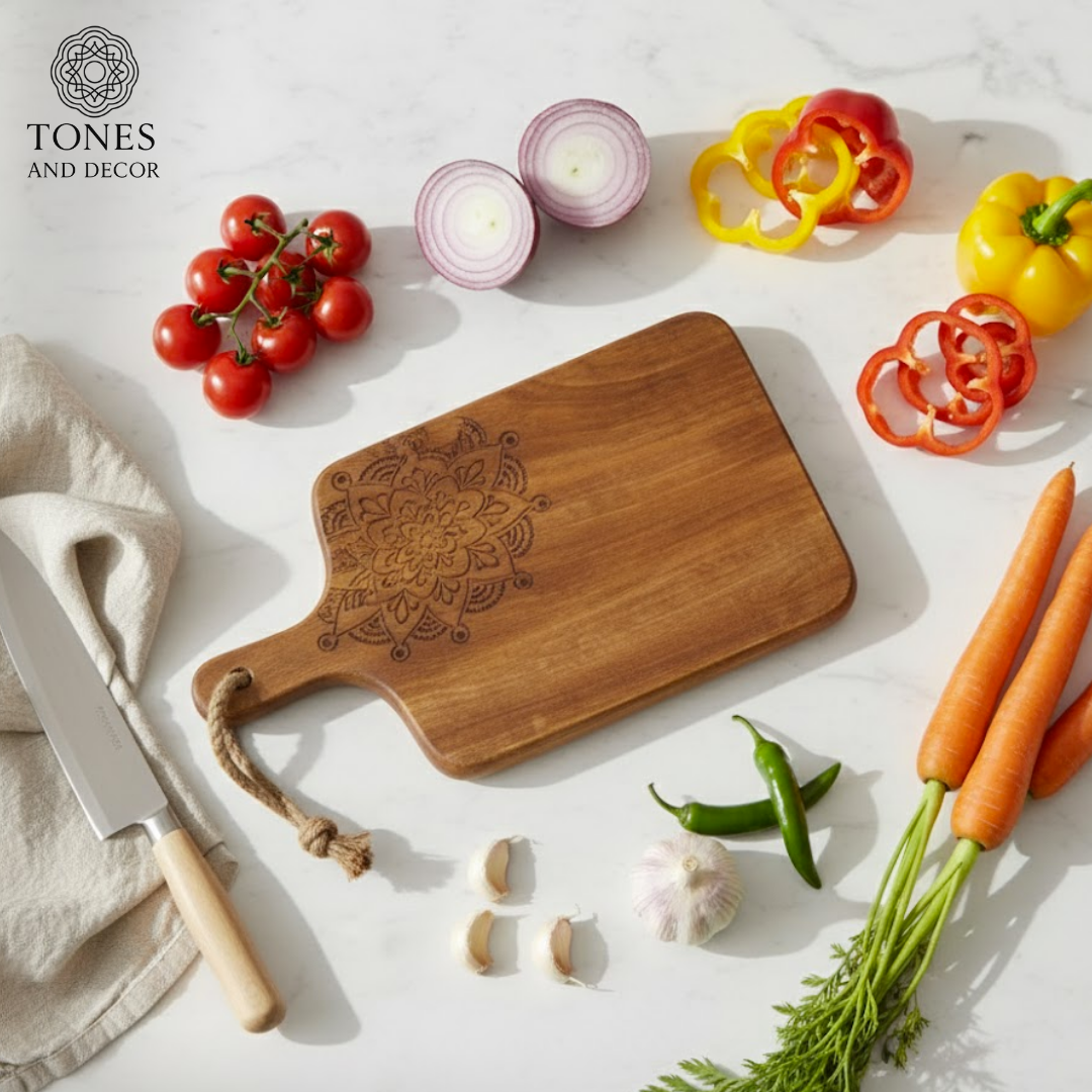 Handcrafted Mandala-Carved Wooden Chopping & Serving Board with Rope Handle – 34.9 × 19.6 cm