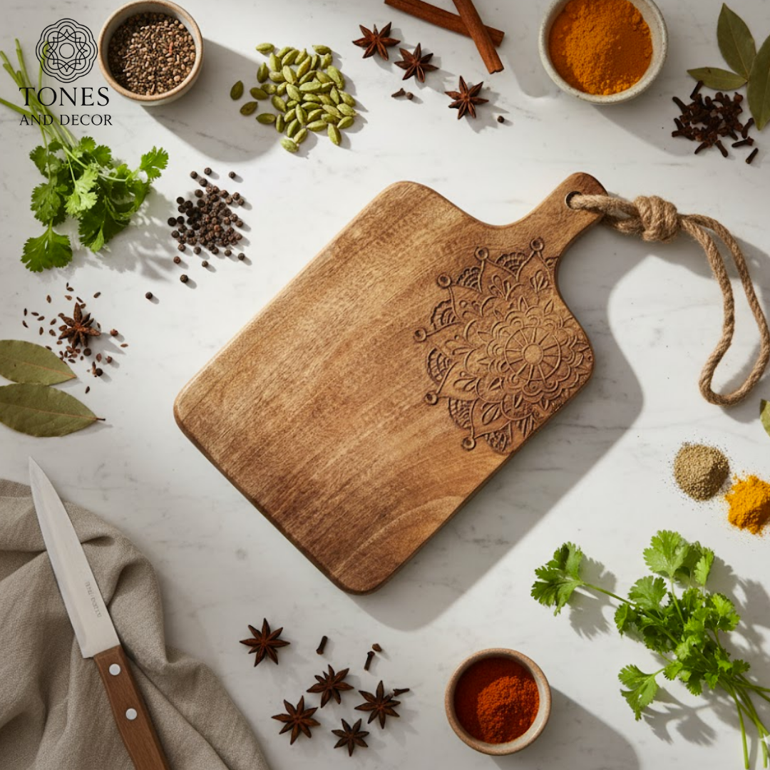 Handcrafted Mandala-Carved Wooden Chopping & Serving Board with Rope Handle – 34.9 × 19.6 cm
