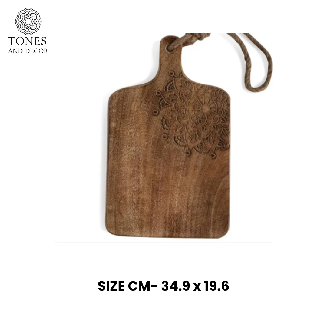 Handcrafted Mandala-Carved Wooden Chopping & Serving Board with Rope Handle – 34.9 × 19.6 cm
