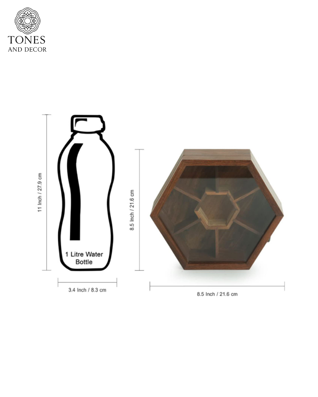 Handcrafted Hexagonal Wooden Spice Box with Glass Lid