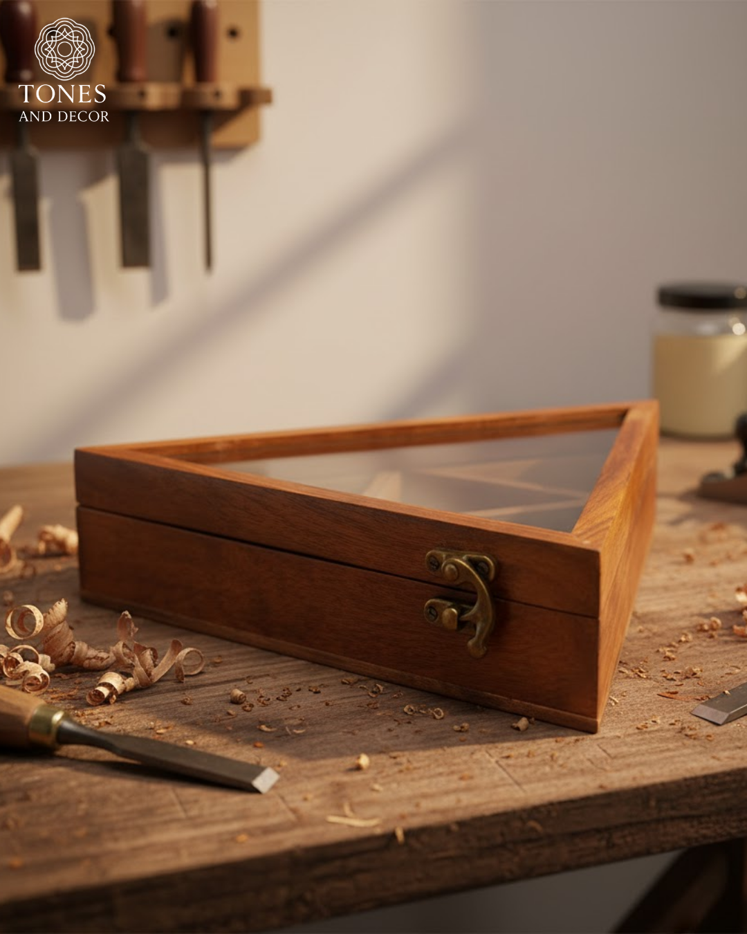 Tones and Decor Handcrafted Triangle Wooden Spice Box with Glass Lid