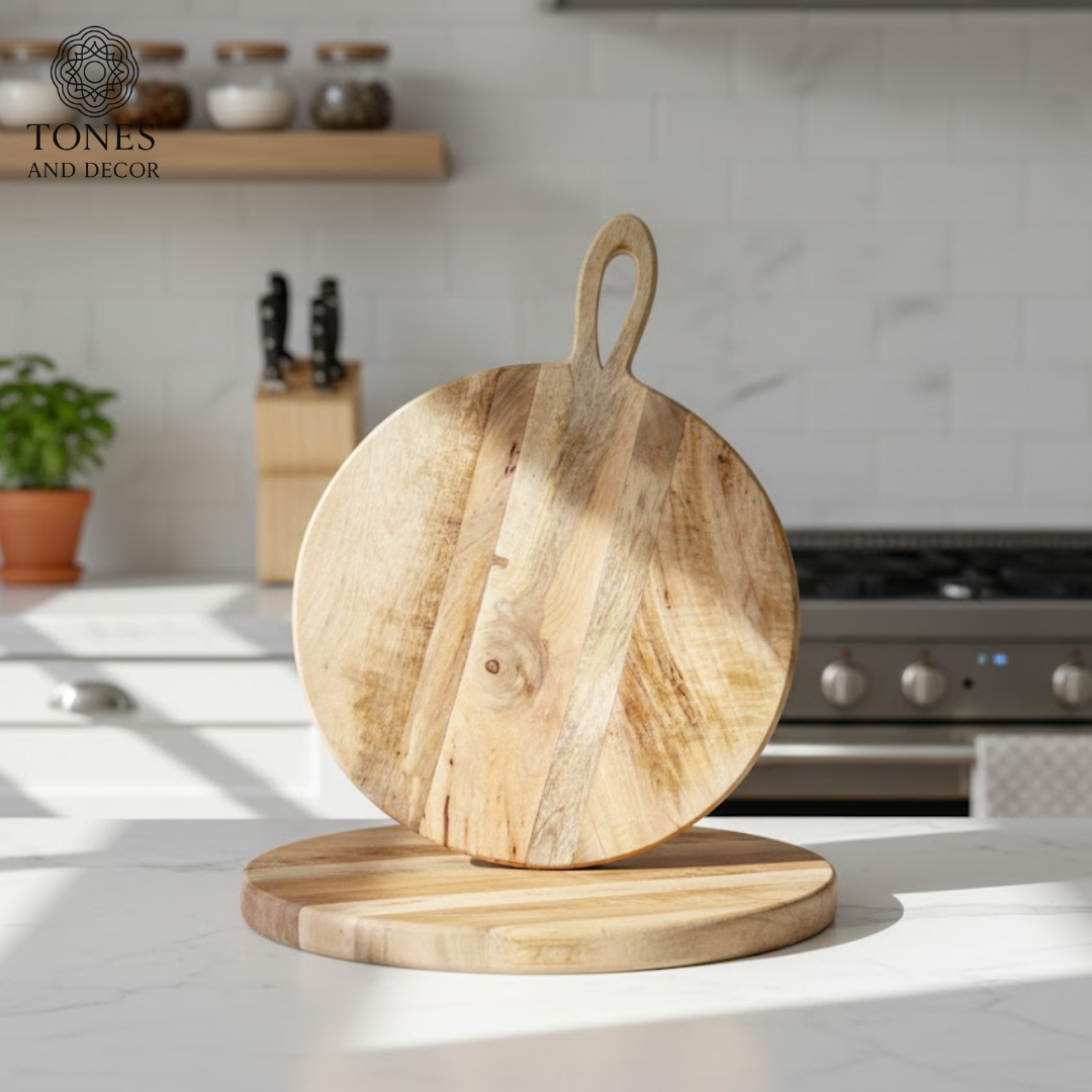 Rustic Round Wooden Cutting & Serving Board with Loop Handle – 40 × 29 cm