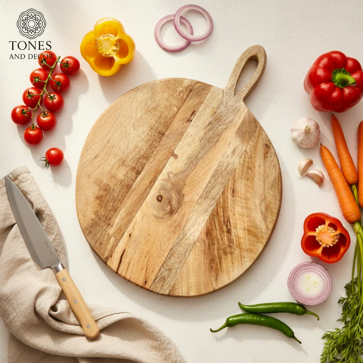 Rustic Round Wooden Cutting & Serving Board with Loop Handle – 40 × 29 cm
