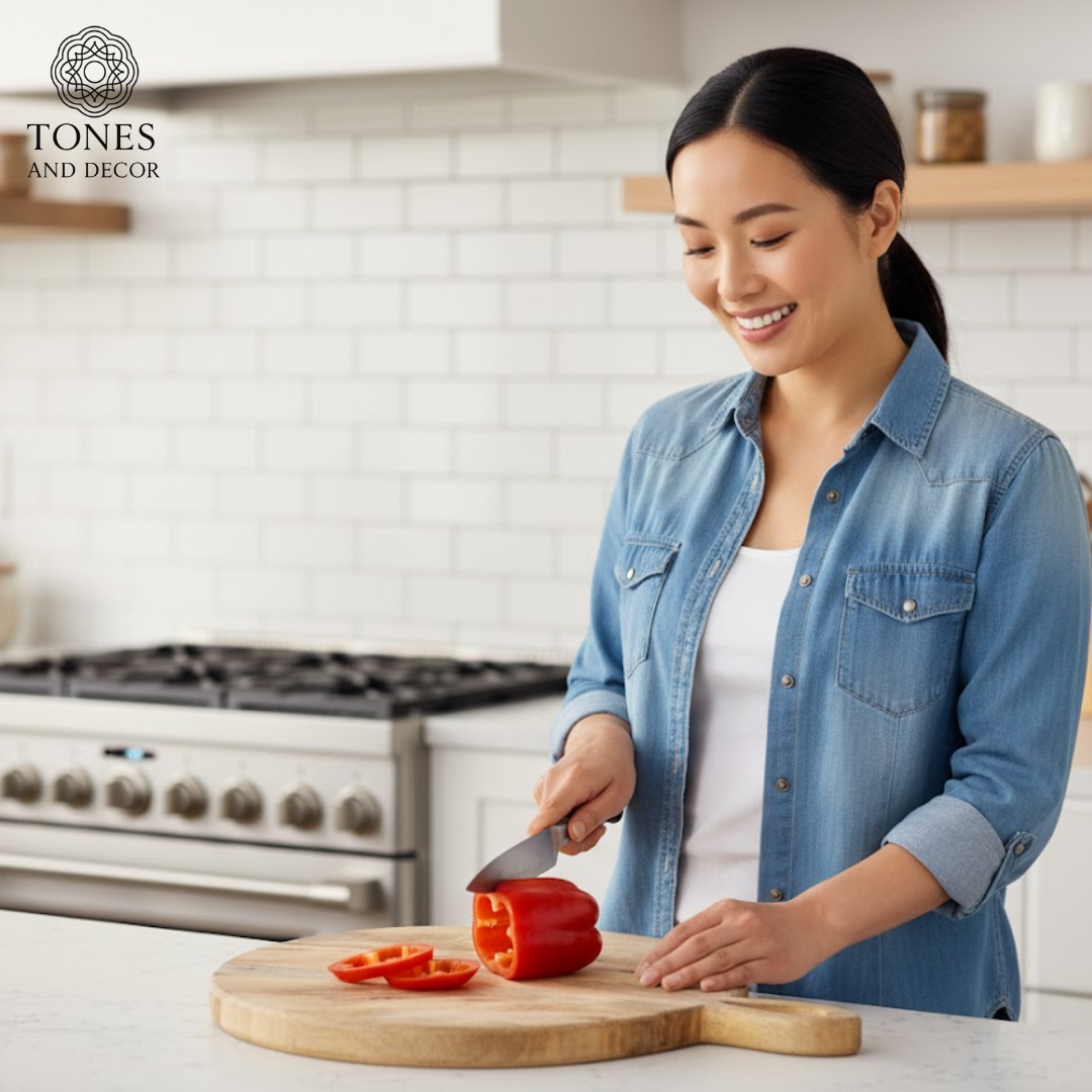 Rustic Round Wooden Cutting & Serving Board with Loop Handle – 40 × 29 cm