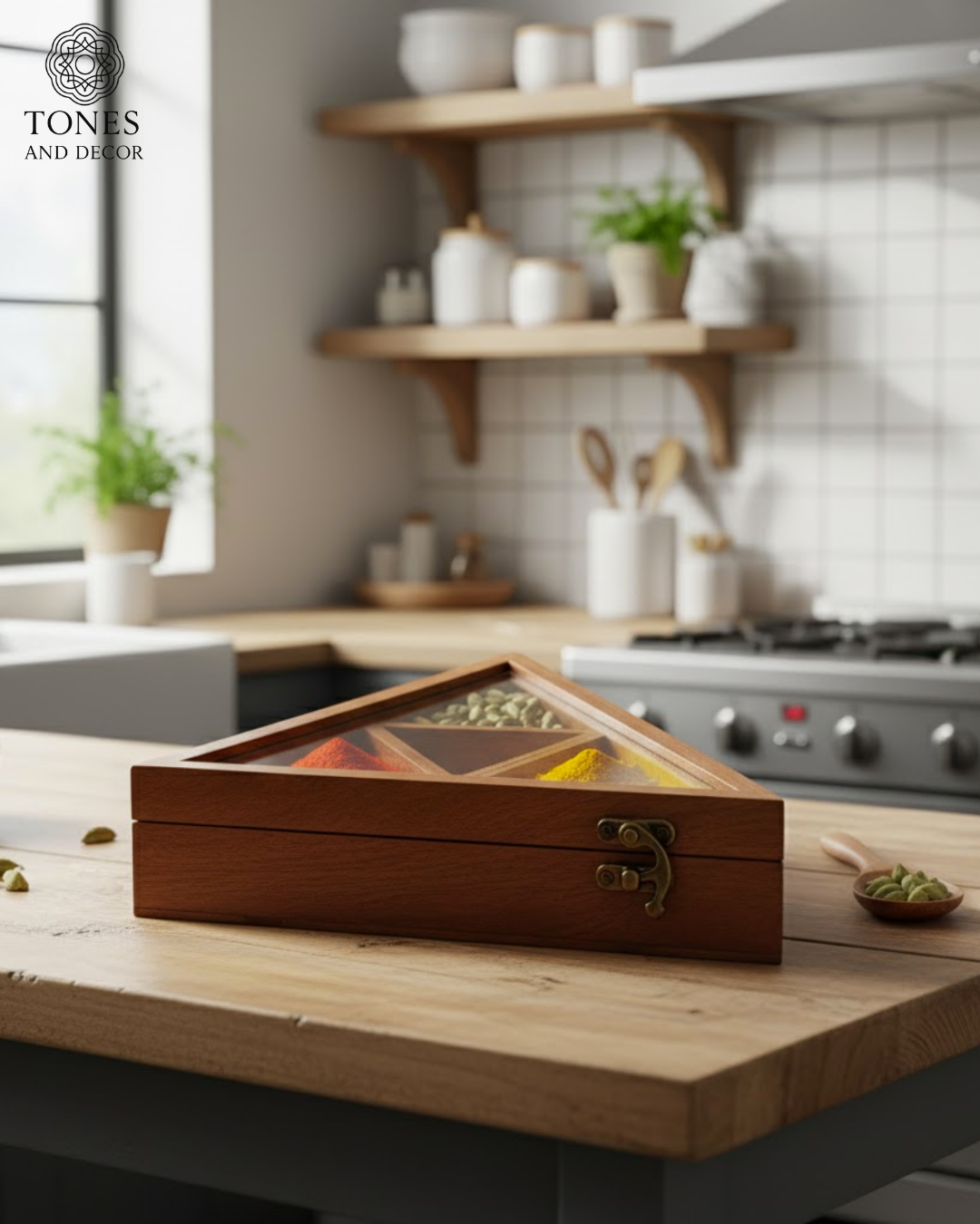 Tones and Decor Handcrafted Triangle Wooden Spice Box with Glass Lid