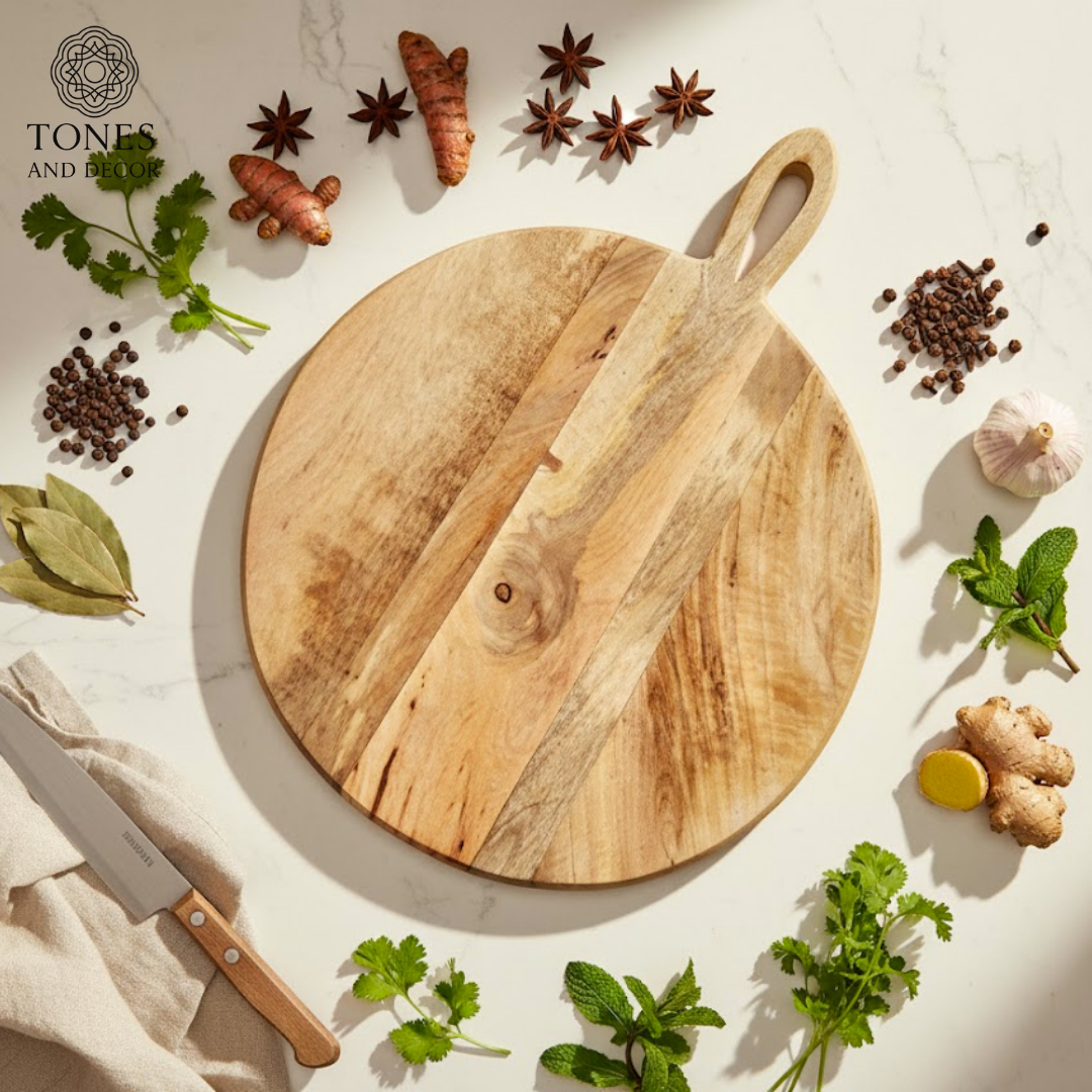 Rustic Round Wooden Cutting & Serving Board with Loop Handle – 40 × 29 cm