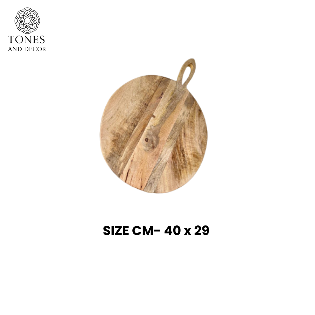 Rustic Round Wooden Cutting & Serving Board with Loop Handle – 40 × 29 cm