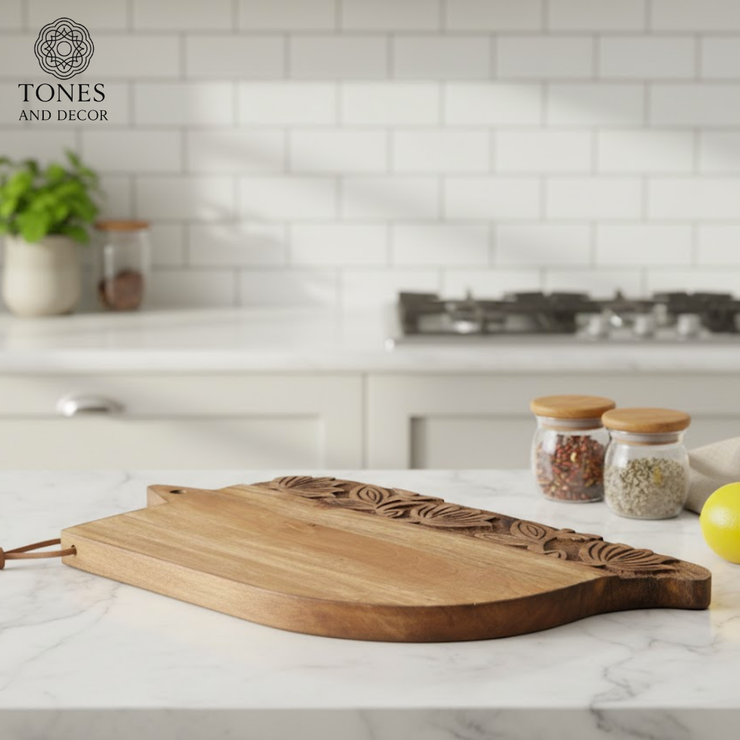 Hand-Carved Leaf Edge Wooden Cutting & Serving Board – 40.6 × 25.4 cm