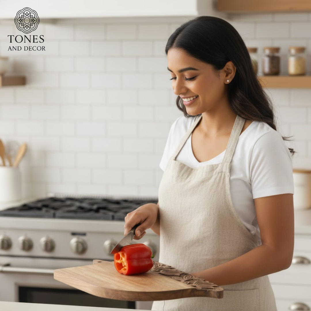 Hand-Carved Leaf Edge Wooden Cutting & Serving Board – 40.6 × 25.4 cm