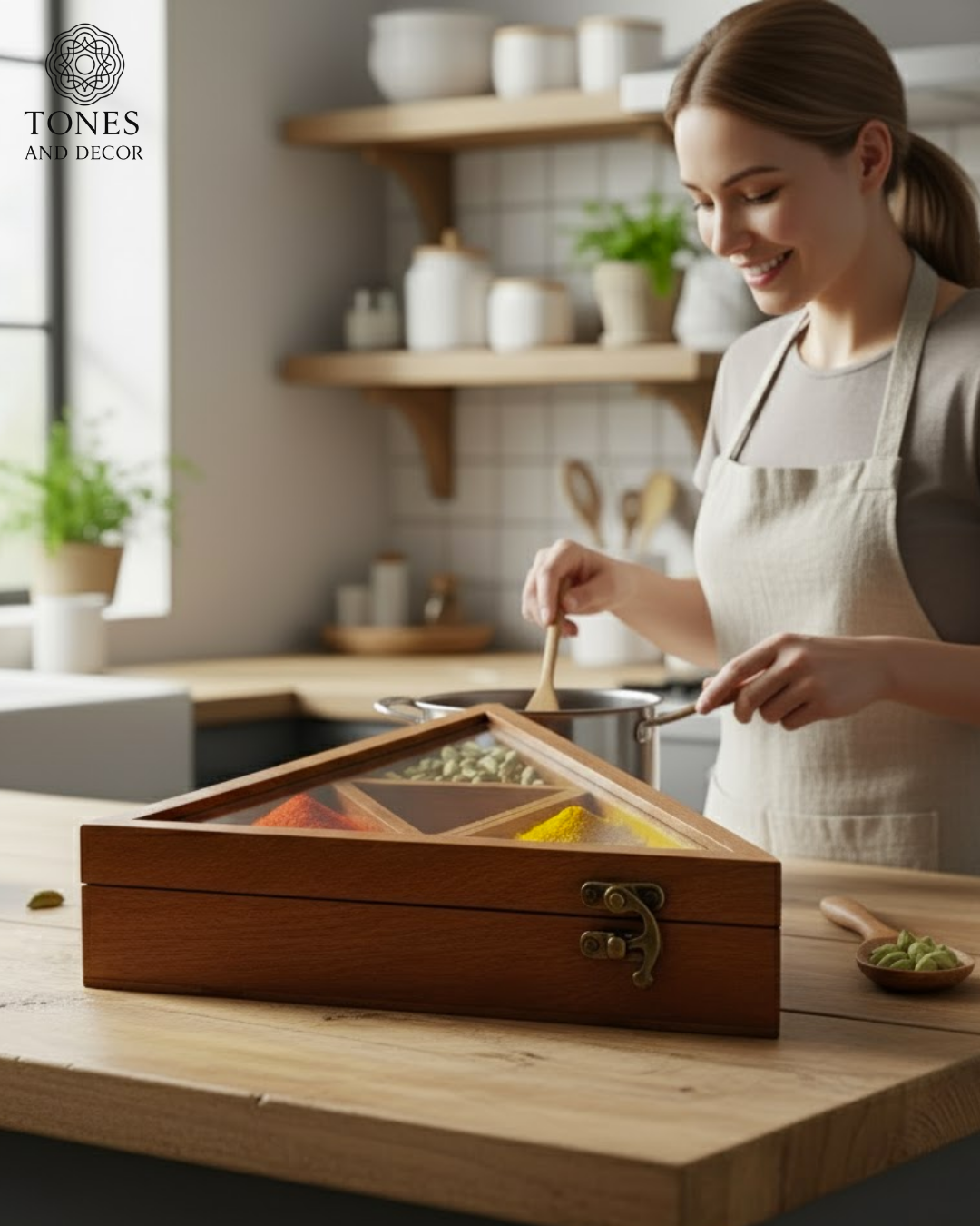 Tones and Decor Handcrafted Triangle Wooden Spice Box with Glass Lid
