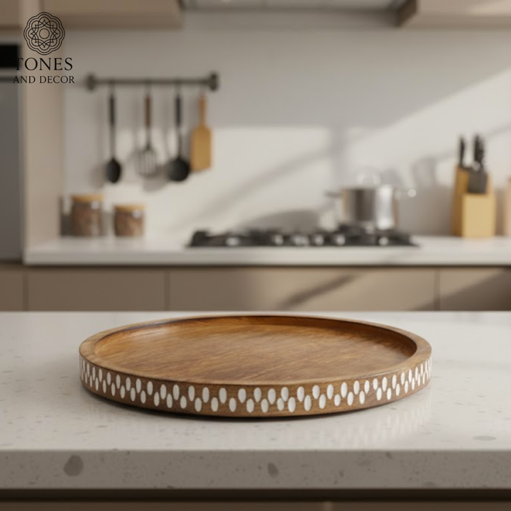 Round Mango Wood Inlay Serving Tray