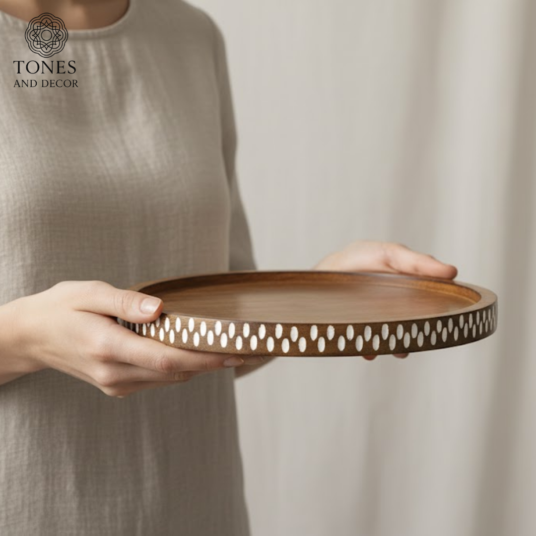 Round Mango Wood Inlay Serving Tray