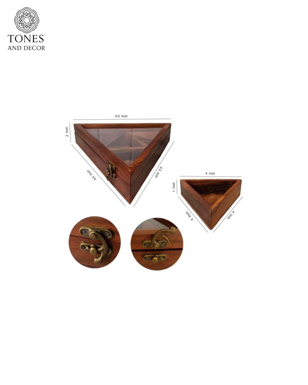 Tones and Decor Handcrafted Triangle Wooden Spice Box with Glass Lid