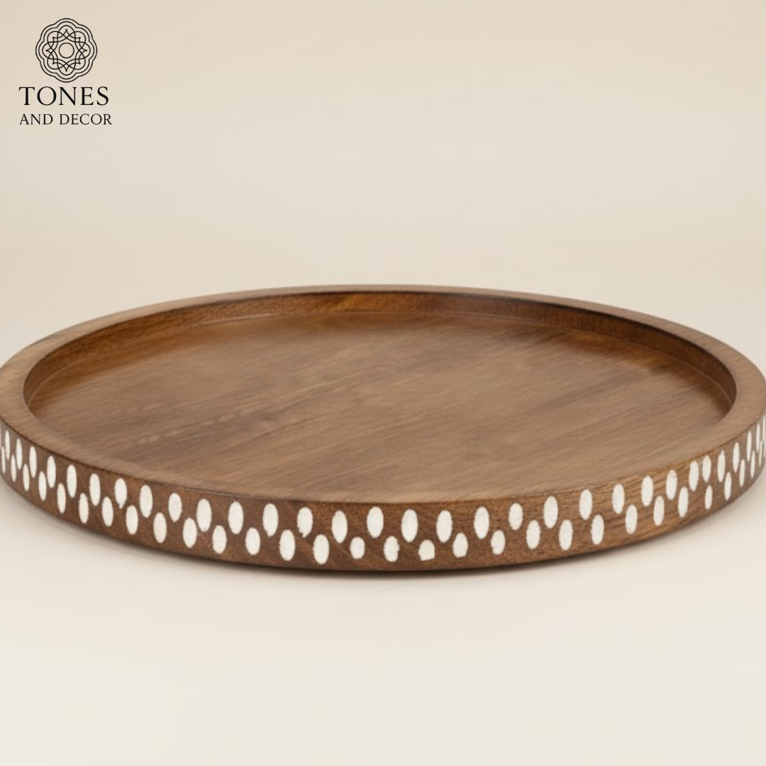 Round Mango Wood Inlay Serving Tray