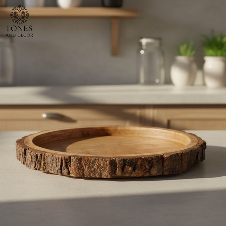 Rustic Natural Bark-Edge Round Wooden Plate