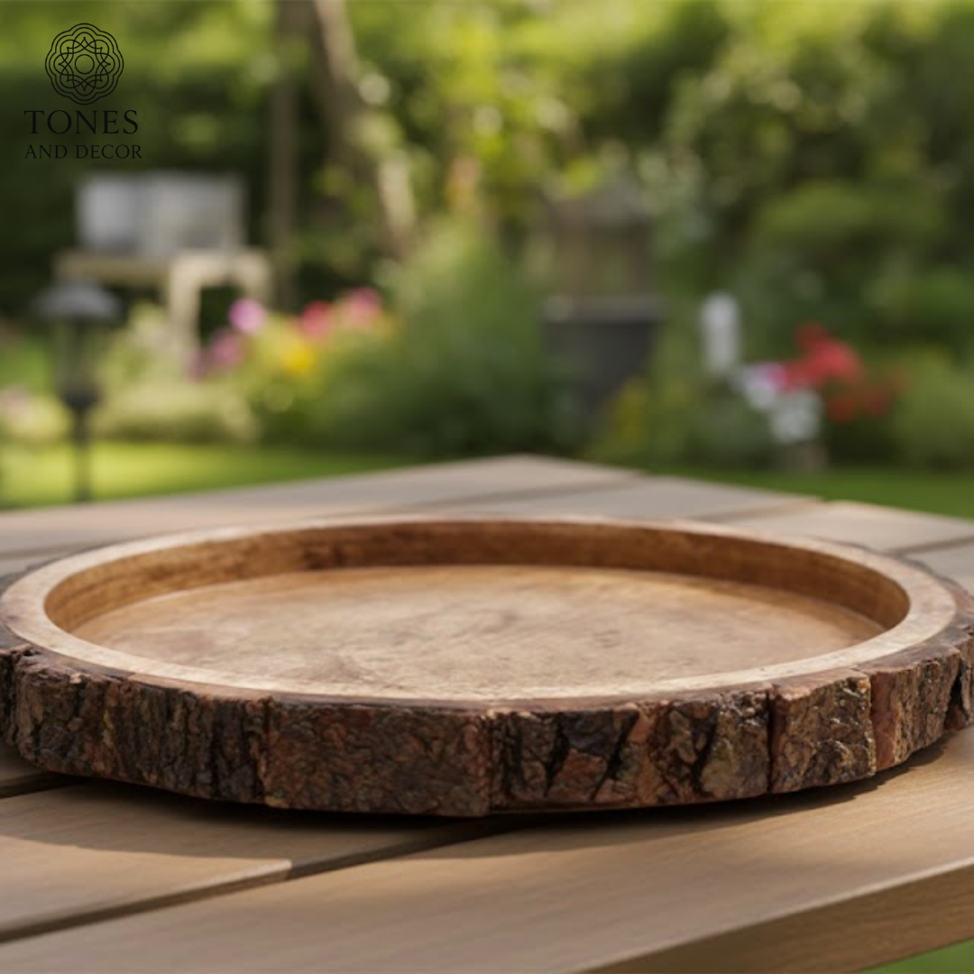 Rustic Natural Bark-Edge Round Wooden Plate