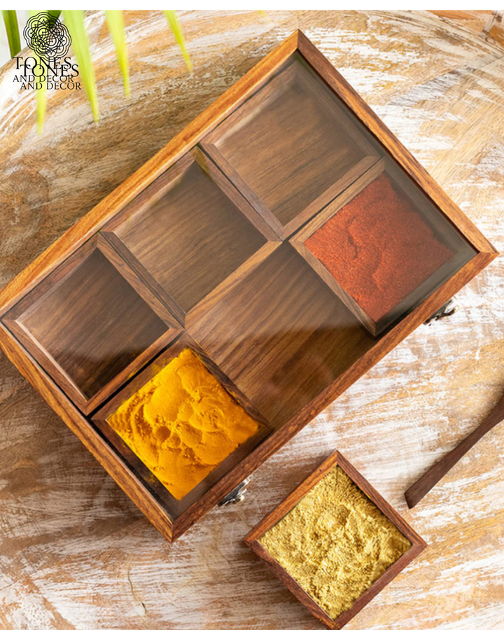 Handcrafted Wooden Rectangular Spice Box with 6 Compartments & Spoon