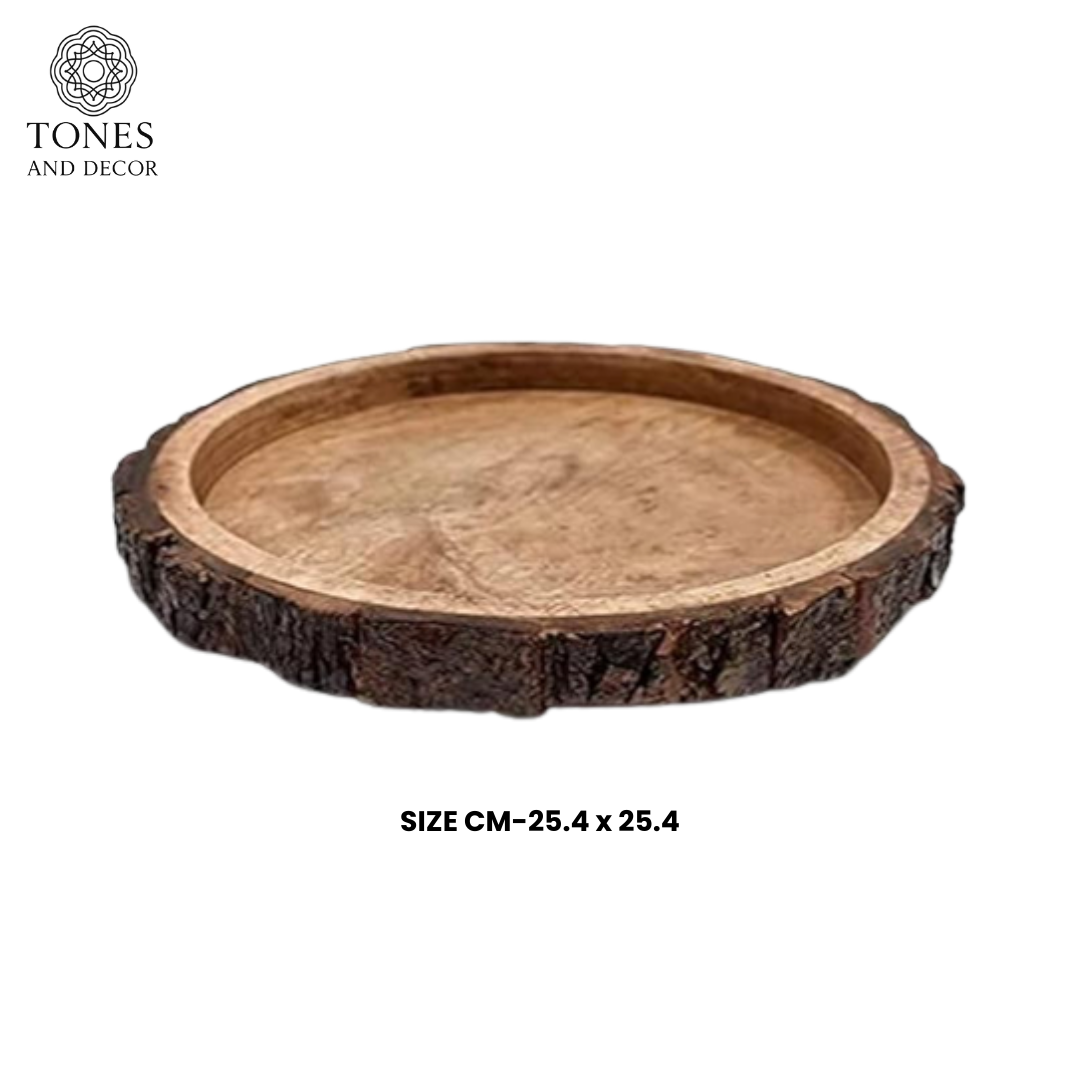 Rustic Natural Bark-Edge Round Wooden Plate