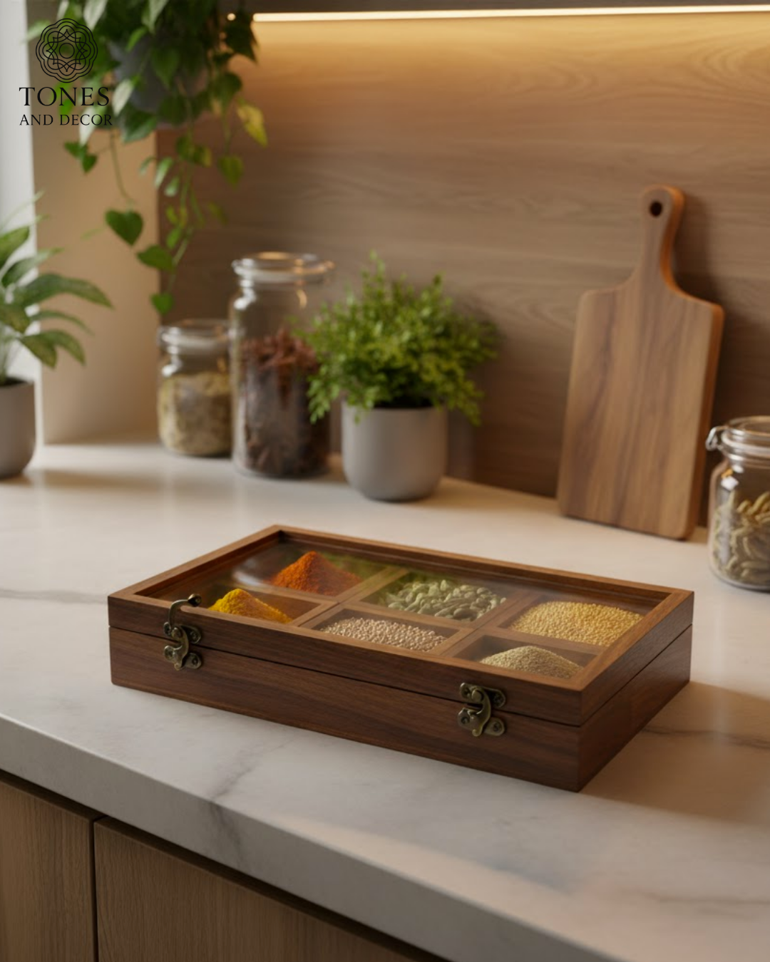 Handcrafted Wooden Rectangular Spice Box with 6 Compartments & Spoon