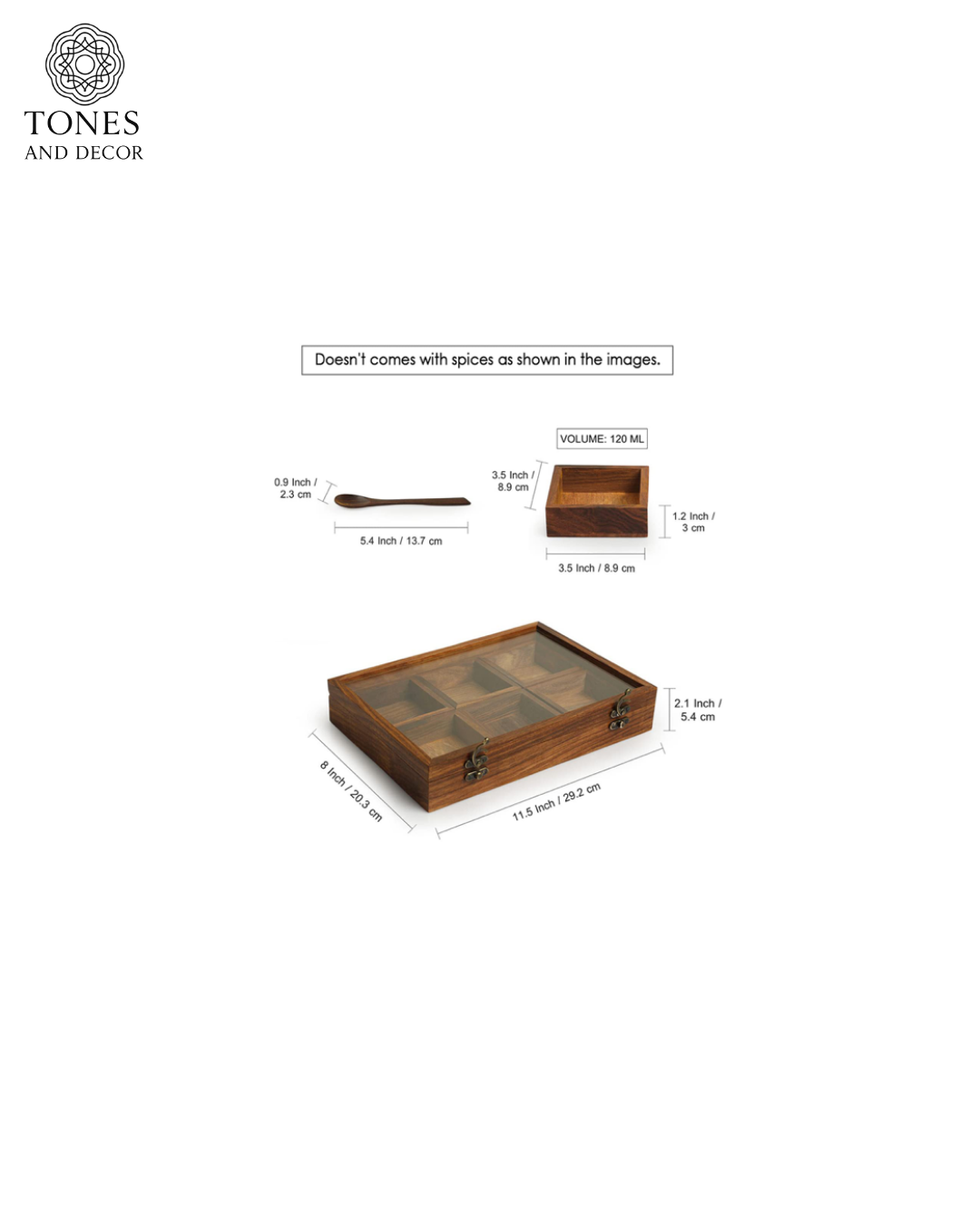 Handcrafted Wooden Rectangular Spice Box with 6 Compartments & Spoon