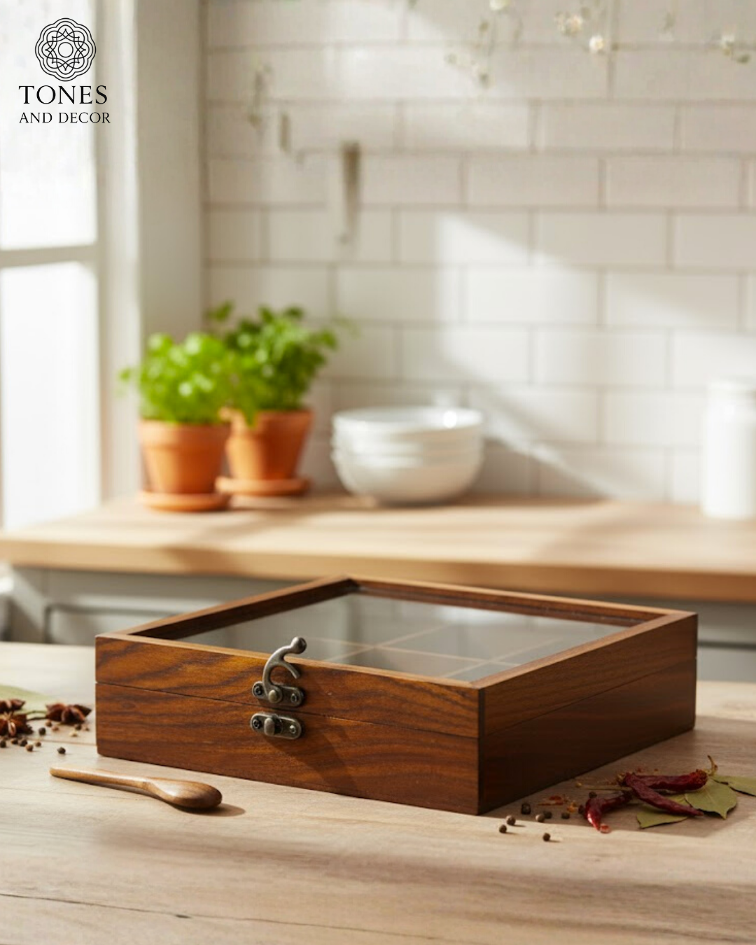Premium Mango Wood Spice Box with Glass Lid & Metal Clasp.