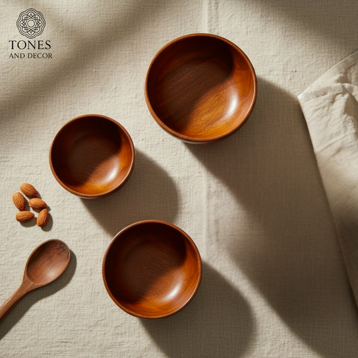 Handcrafted Sheesham Wood Serving Bowl Set – Floral Inlay Design (Set of 3)