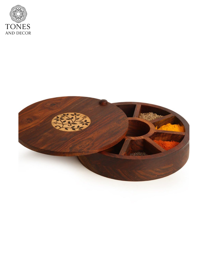 Handcrafted Sheesham Wood Spice Box with Brass Inlay (7 Compartments)