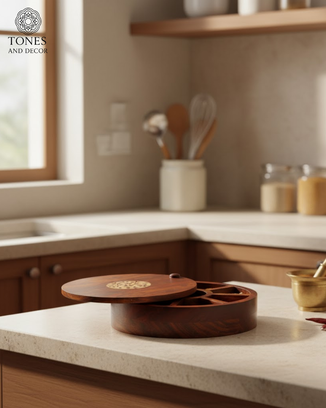 Handcrafted Sheesham Wood Spice Box with Brass Inlay (7 Compartments)