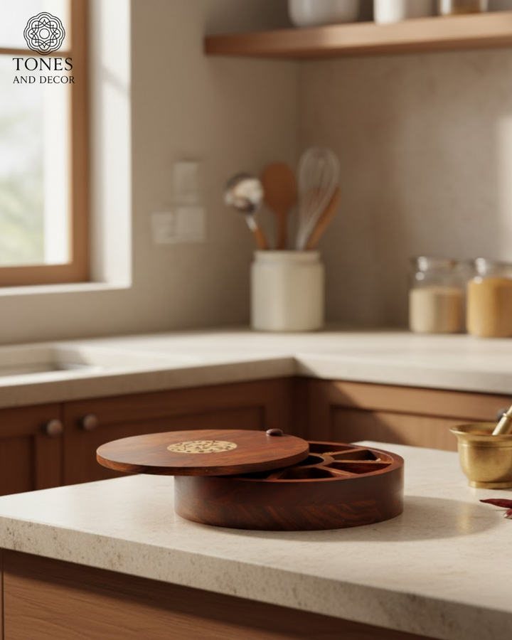 Handcrafted Sheesham Wood Spice Box with Brass Inlay (7 Compartments)