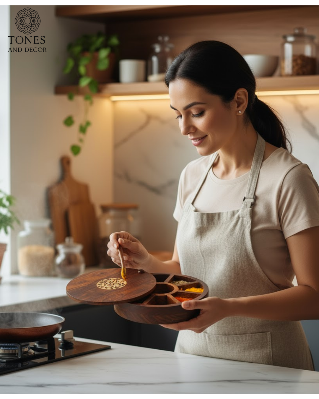 Handcrafted Sheesham Wood Spice Box with Brass Inlay (7 Compartments)
