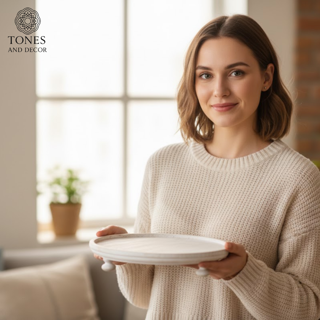 Mango Wood Decorative Riser Tray – Whitewashed Round Display Stand (28.4 cm)