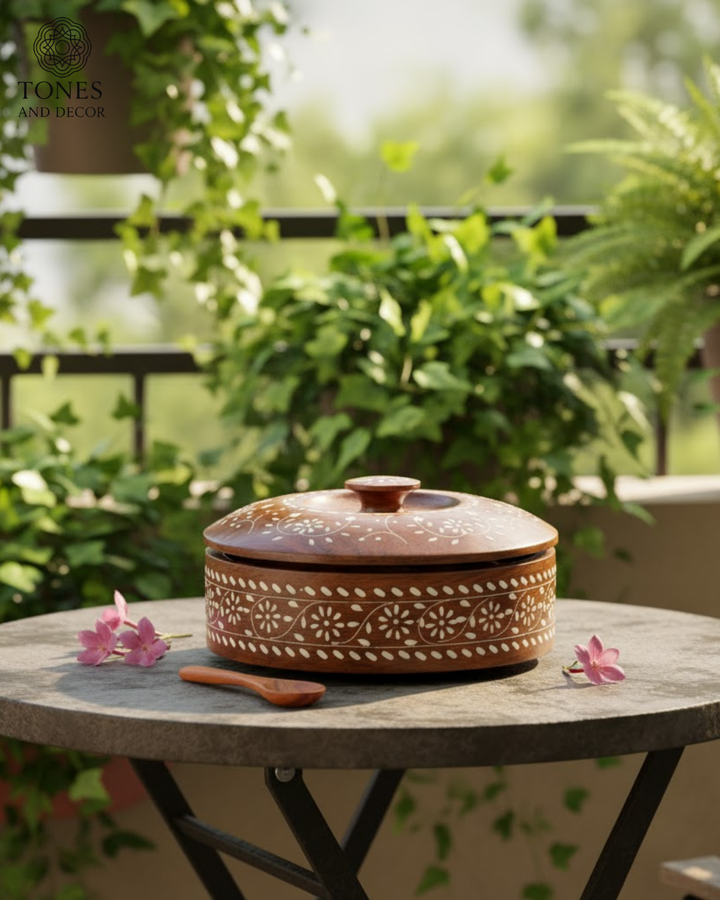 Handcrafted Sheesham Wood Spice Box with Floral Brass Inlay & Spoon