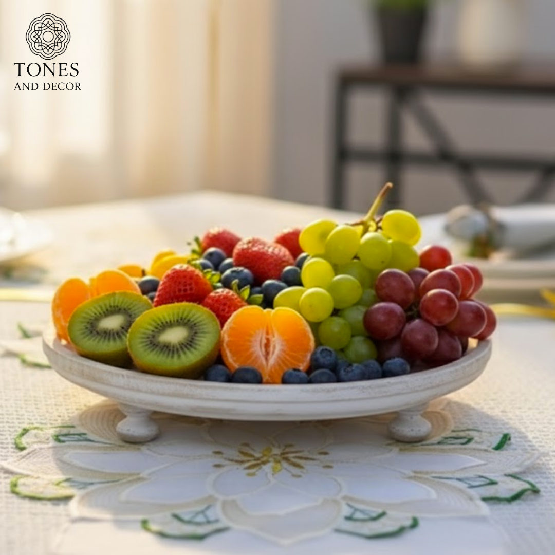 Mango Wood Decorative Riser Tray – Whitewashed Round Display Stand (28.4 cm)