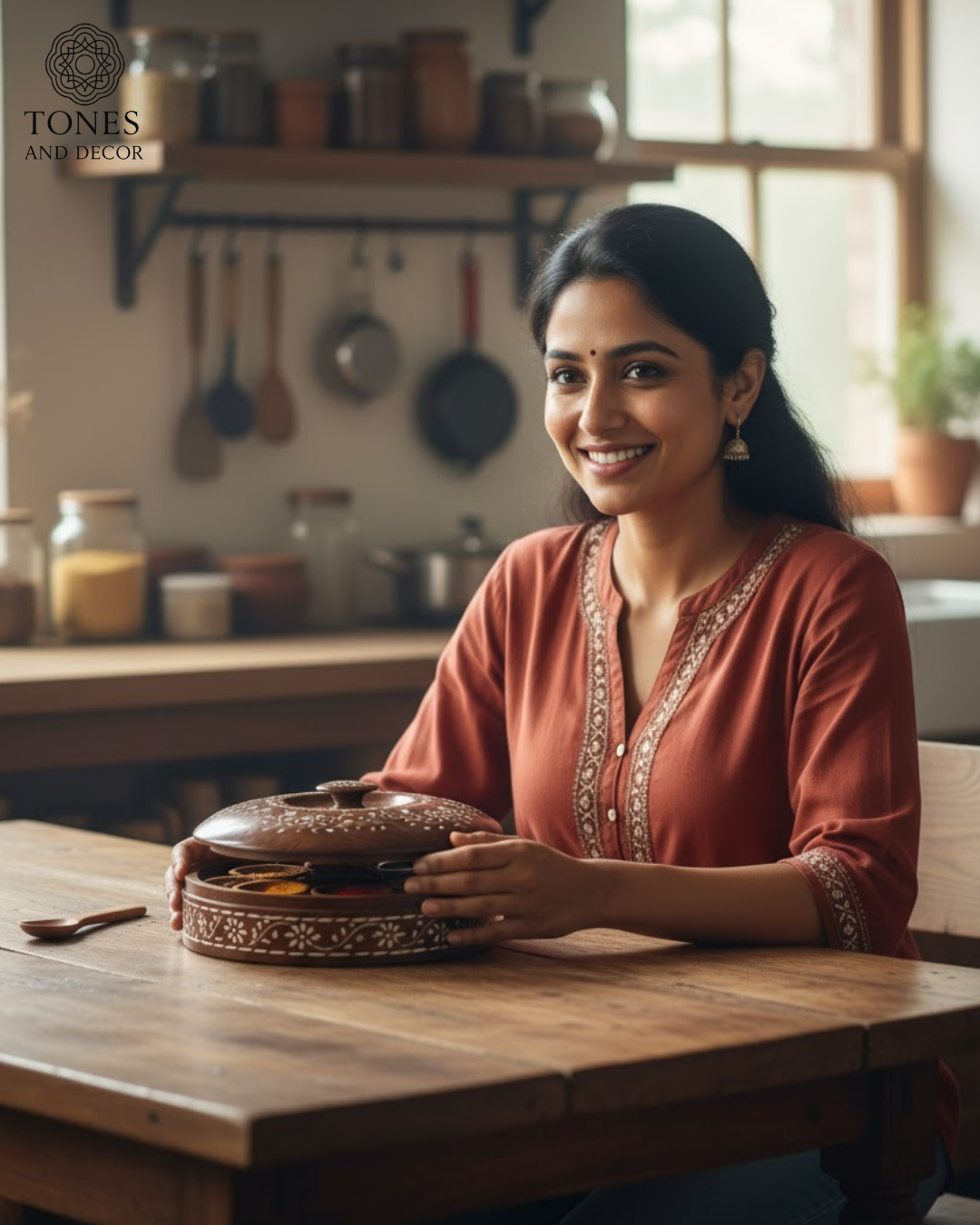 Handcrafted Sheesham Wood Spice Box with Floral Brass Inlay & Spoon