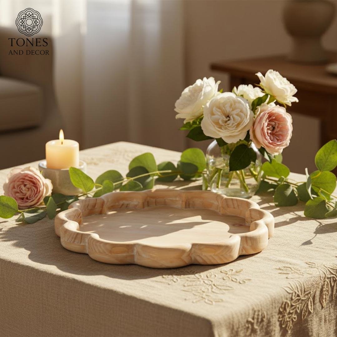 Floral-Edge Round Wooden Serving Plate