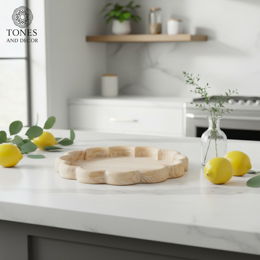 Floral-Edge Round Wooden Serving Plate