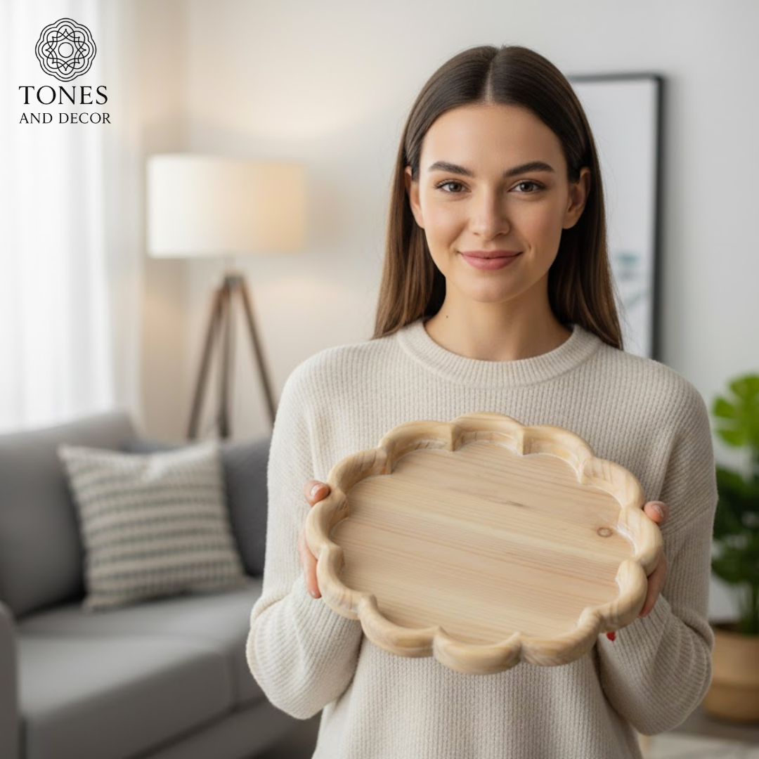 Floral-Edge Round Wooden Serving Plate