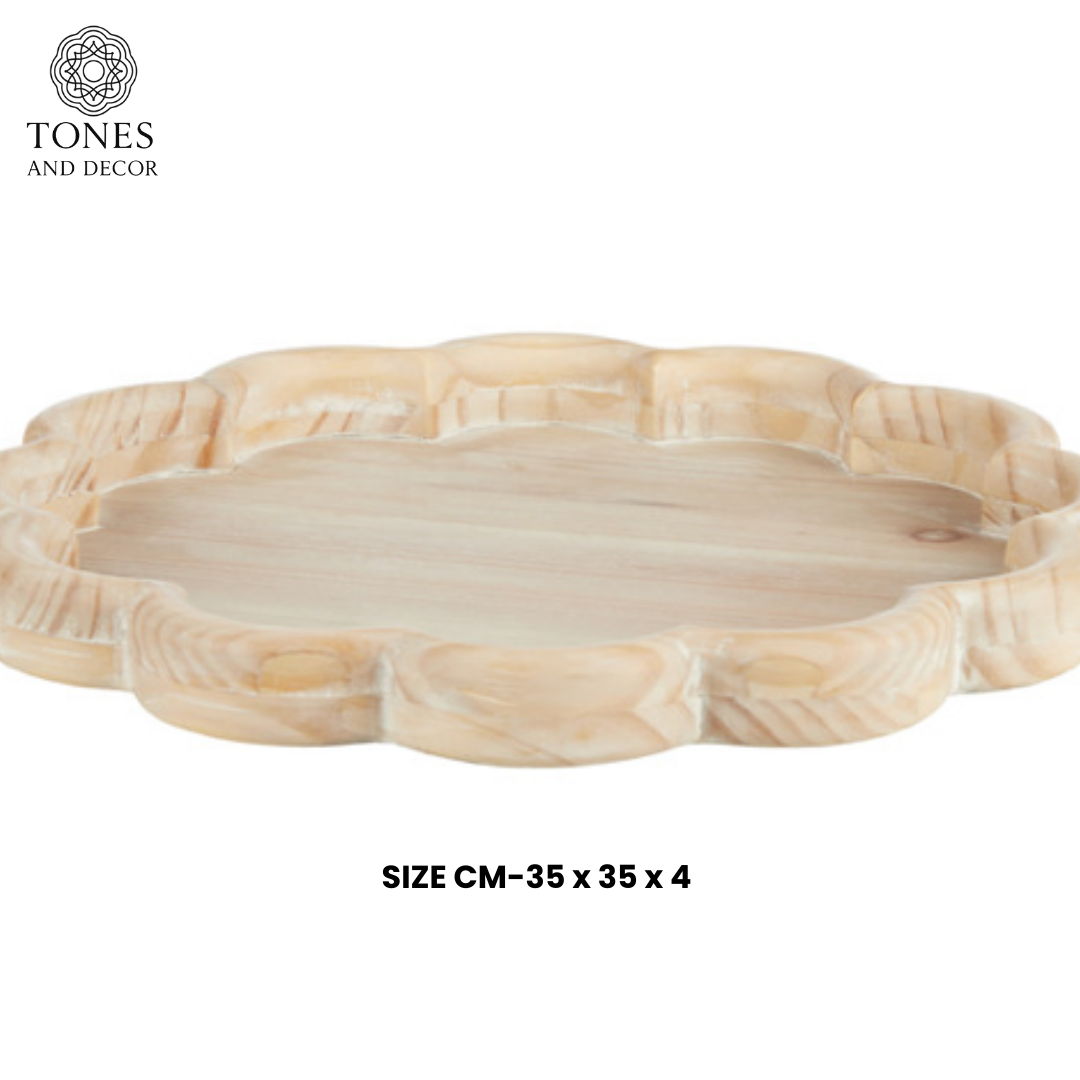 Floral-Edge Round Wooden Serving Plate
