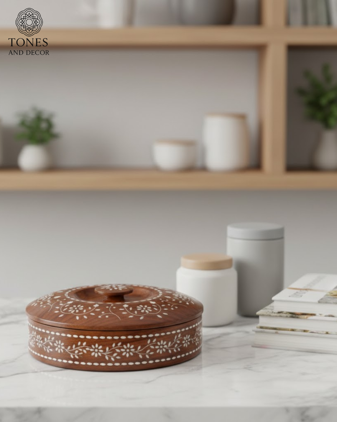 Handcrafted Sheesham Wood Spice Box with Floral Brass Inlay & Spoon