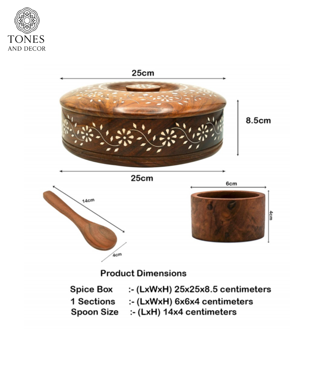 Handcrafted Sheesham Wood Spice Box with Floral Brass Inlay & Spoon