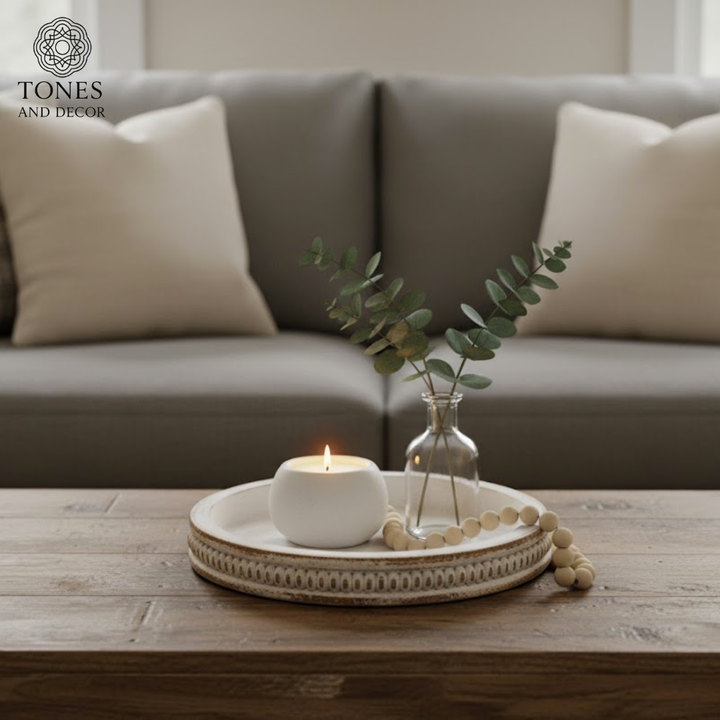 Vintage White Round Wooden Decorative Plate